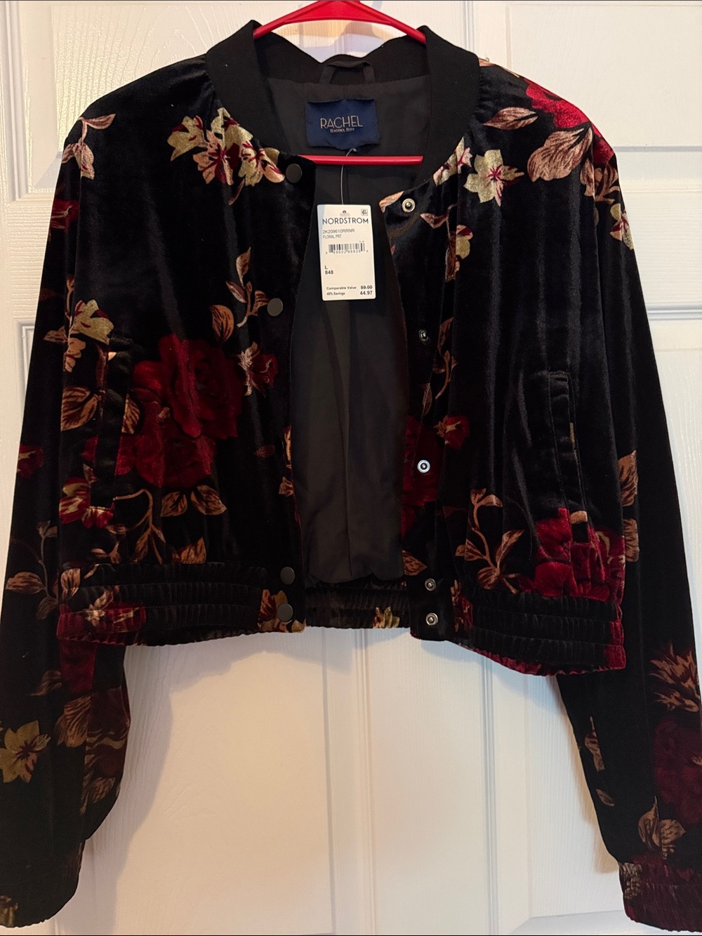 RACHEL Rachel Roy Black Velvet Floral Bomber Jacket with Red Accents
